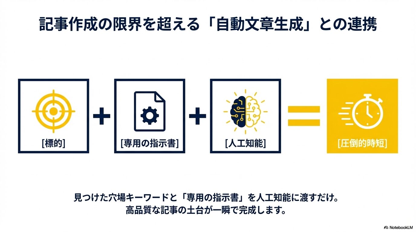標的となるキーワードと専用の指示書を人工知能に渡し、高品質な記事の土台を一瞬で完成させるフロー図