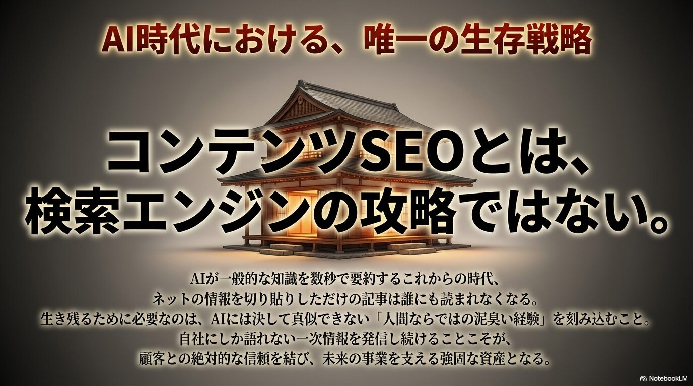 AIには真似できない人間ならではの泥臭い経験と一次情報の発信が唯一の生存戦略である旨を伝えるスライド