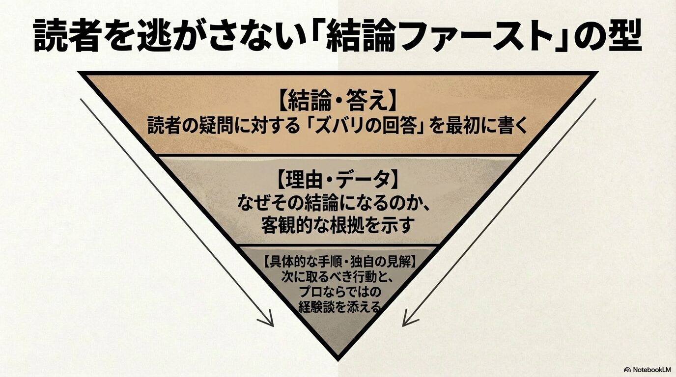結論と答え、理由とデータ、具体的な手順と独自見解の順で執筆する結論ファーストの図解