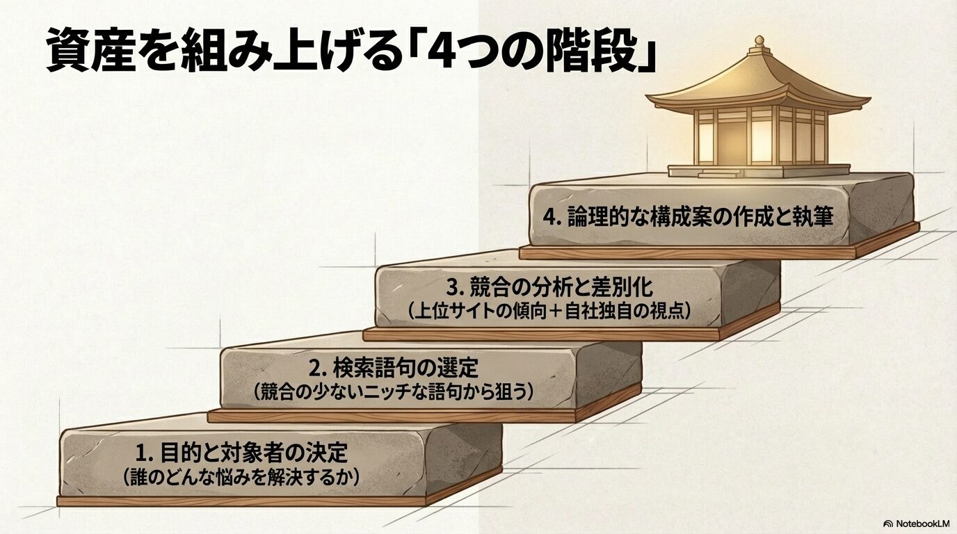 目的決定、検索語句の選定、競合分析、構成案作成というコンテンツ制作の4つの手順