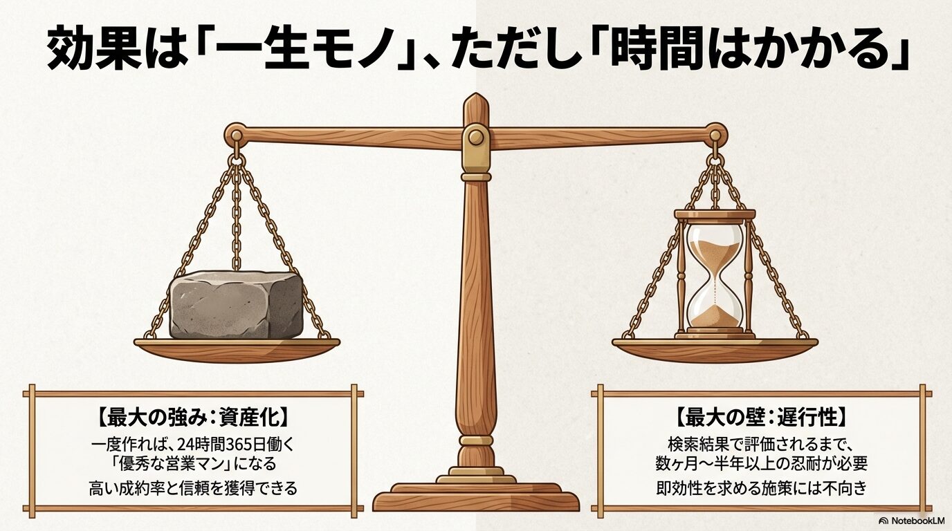 コンテンツSEOの最大の強みである資産化と、最大の壁である評価されるまでの遅行性を比較した図