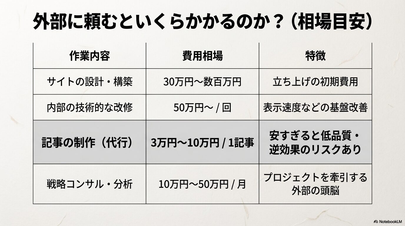 サイト設計、内部改修、記事制作代行、戦略コンサルティングの作業内容と費用相場をまとめた表