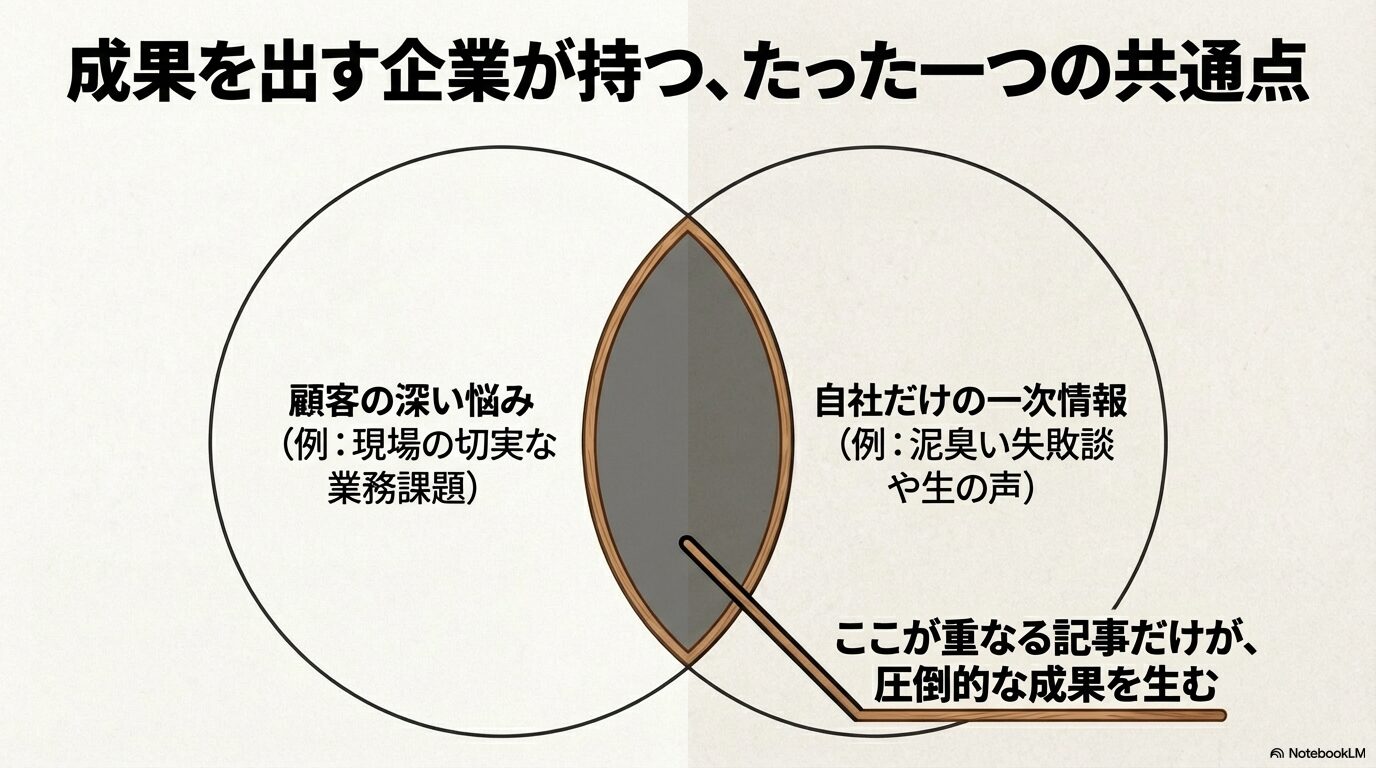 顧客の深い悩みと自社だけの一次情報が重なる領域が成果を生むことを示すベン図