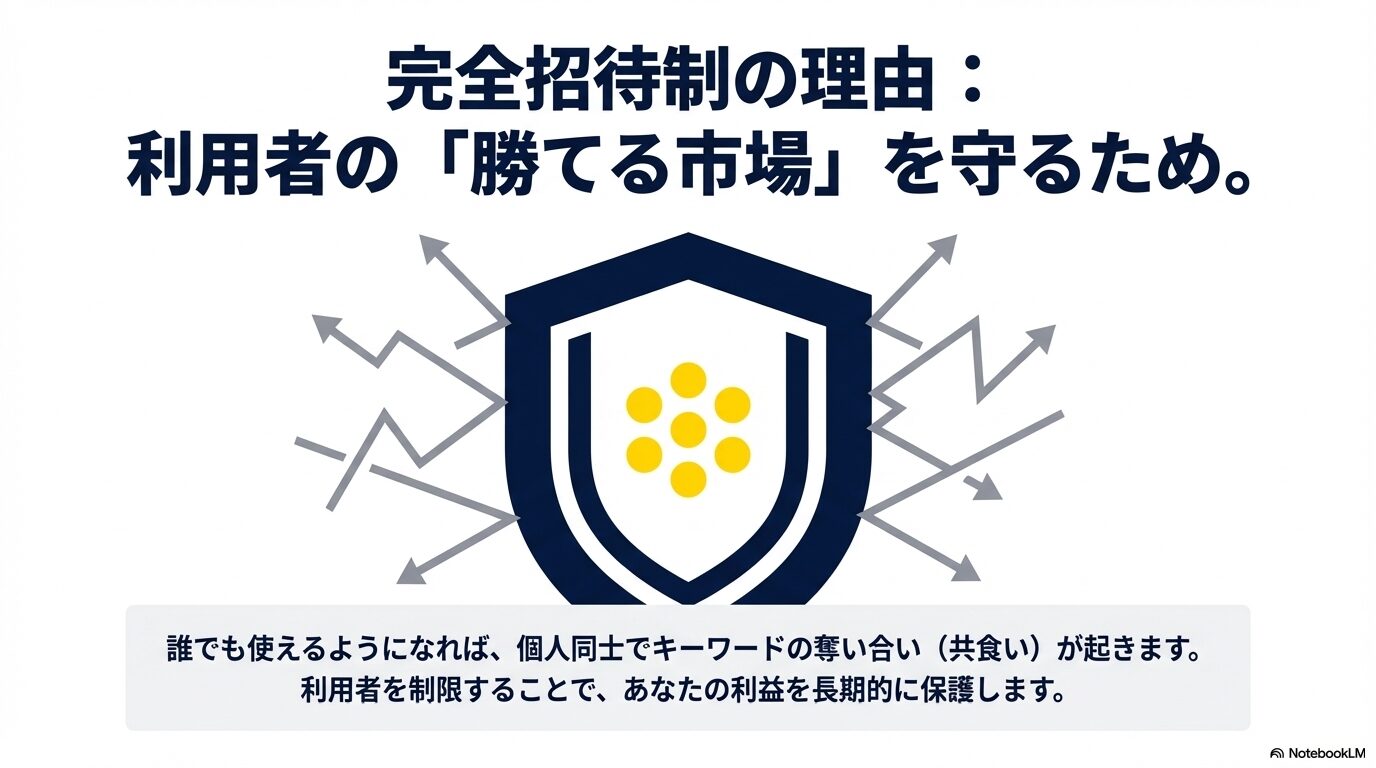 利用者同士のキーワードの共食いを防ぎ、勝てる市場を長期的に保護するために完全招待制を採用していることを示す図