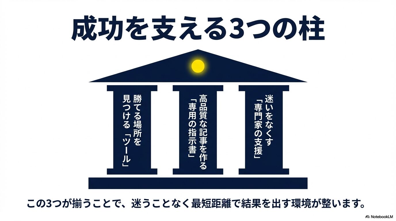 専門家の支援、専用の指示書、ツールの3つが揃うことで迷わず結果を出せる環境が整うことを示す図