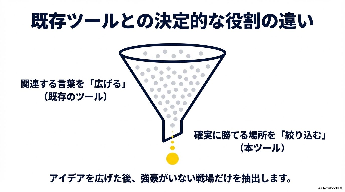 関連語を広げる既存ツールに対し、確実に勝てる場所を絞り込むDokusou Keywordの役割の違いを示す図