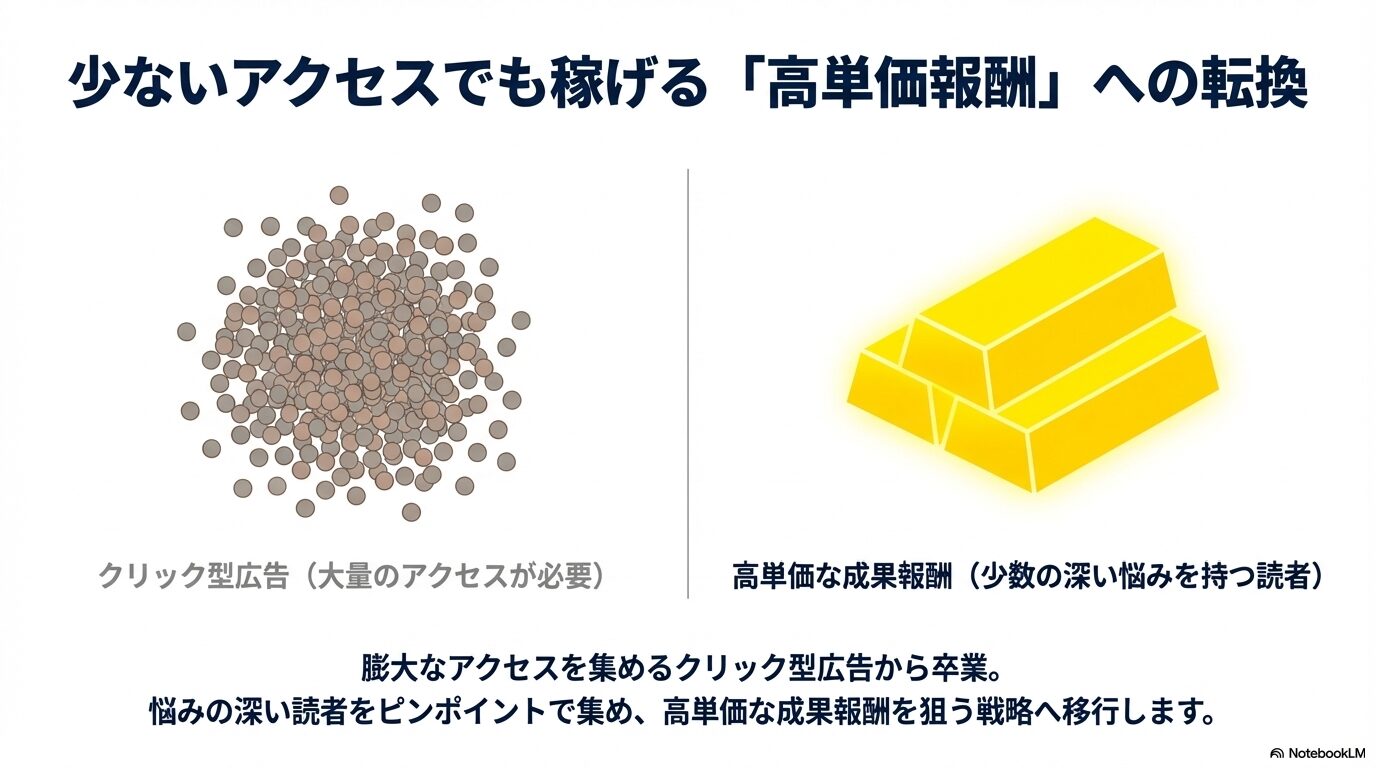 膨大なアクセスが必要なクリック型広告から、少ないアクセスでも稼げる高単価な成果報酬へ移行する戦略を示す図