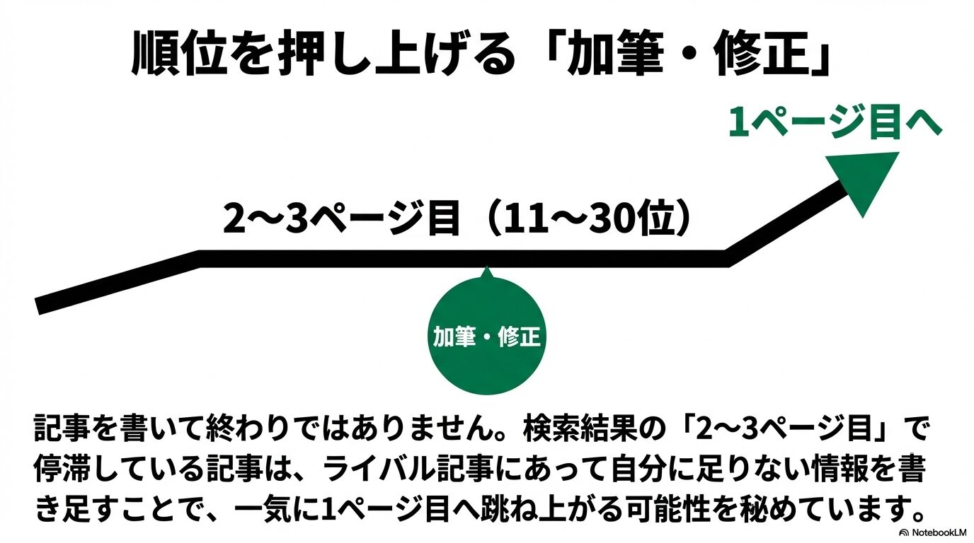 検索結果の2〜3ページ目で停滞している記事に足りない情報を加筆・修正することで、一気に1ページ目へ跳ね上がる可能性を秘めていることを示す図