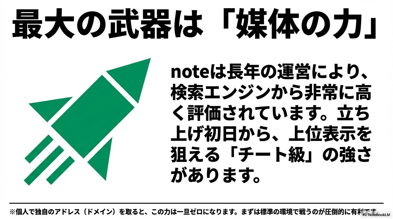 noteは長年の運営により検索エンジンから高く評価されており、立ち上げ初日から上位表示を狙えるチート級の強さを持つことをロケットのイラストで表した図