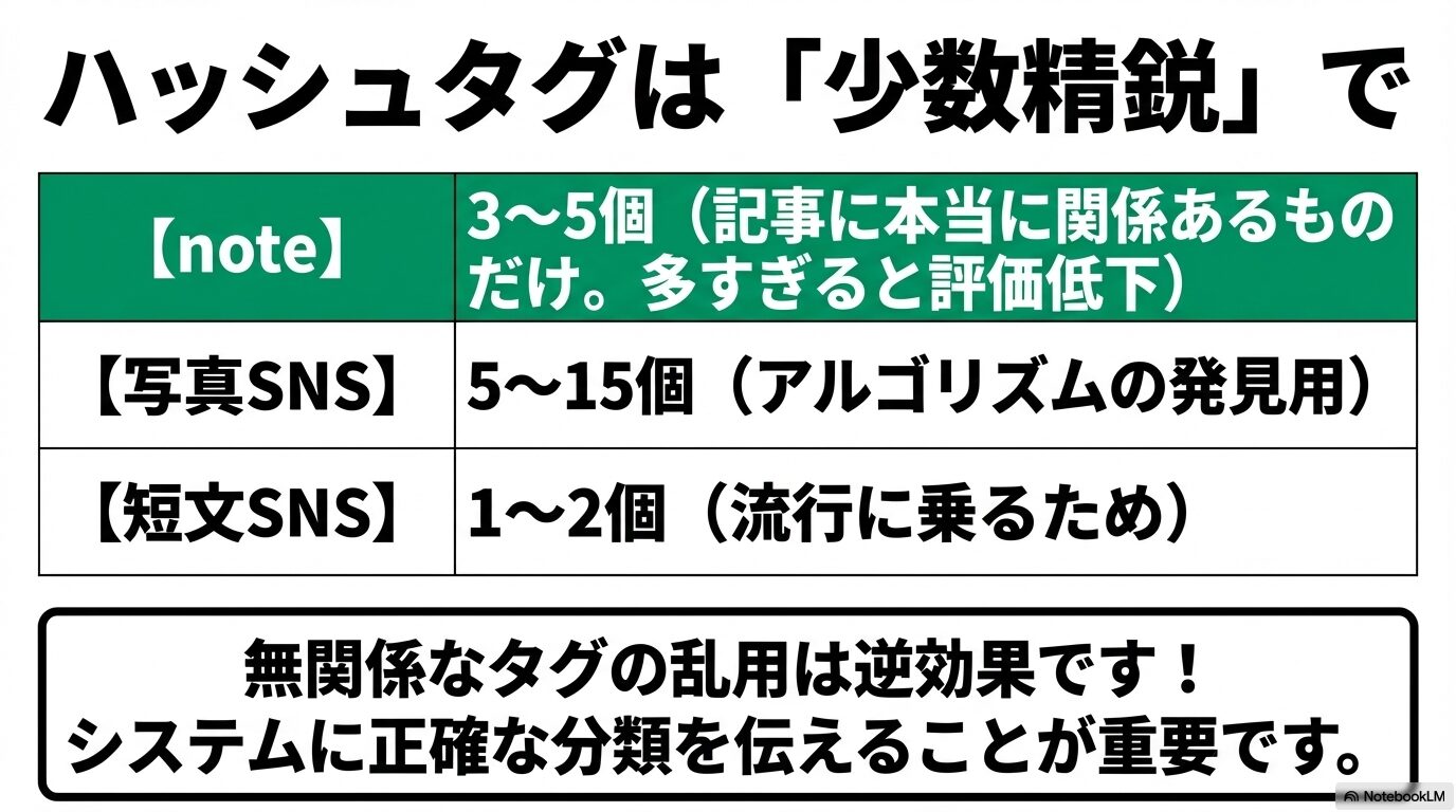 noteのハッシュタグは記事に関係あるものを3〜5個に厳選し、無関係なタグの乱用は逆効果であることや、システムに正確な分類を伝える重要性を解説した表