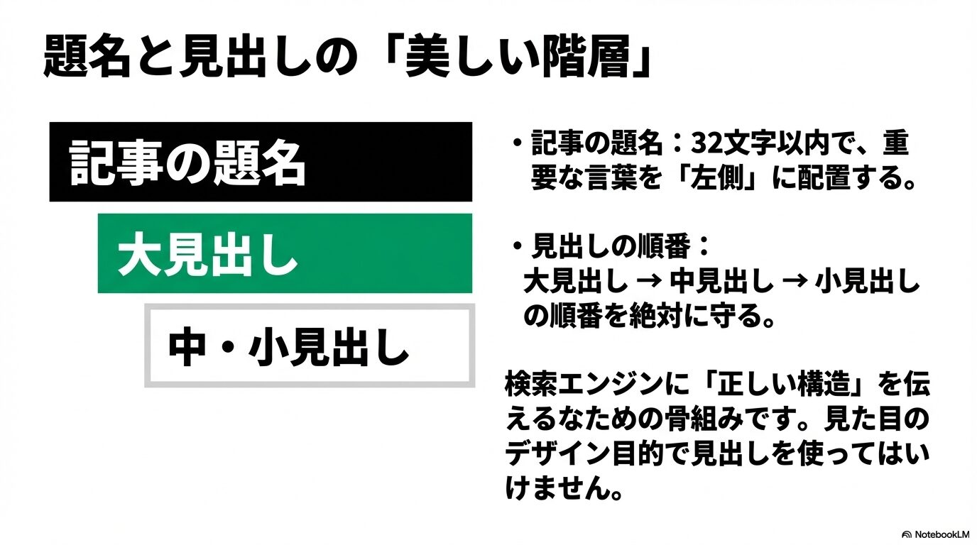 記事の題名から大見出し、中見出し、小見出しの順番を絶対に守り、見た目のデザイン目的ではなく検索エンジンに正しい構造を伝えるための骨組みであることを示す図