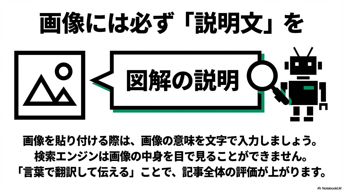 画像を貼り付ける際は画像の意味を文字で入力し、検索エンジンに言葉で翻訳して伝えることで記事全体の評価が上がることを解説した図