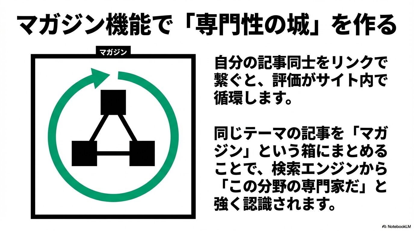 自分の記事同士をリンクで繋いで評価を循環させ、同じテーマの記事をマガジンにまとめることで検索エンジンから専門家と認識される仕組みの図解