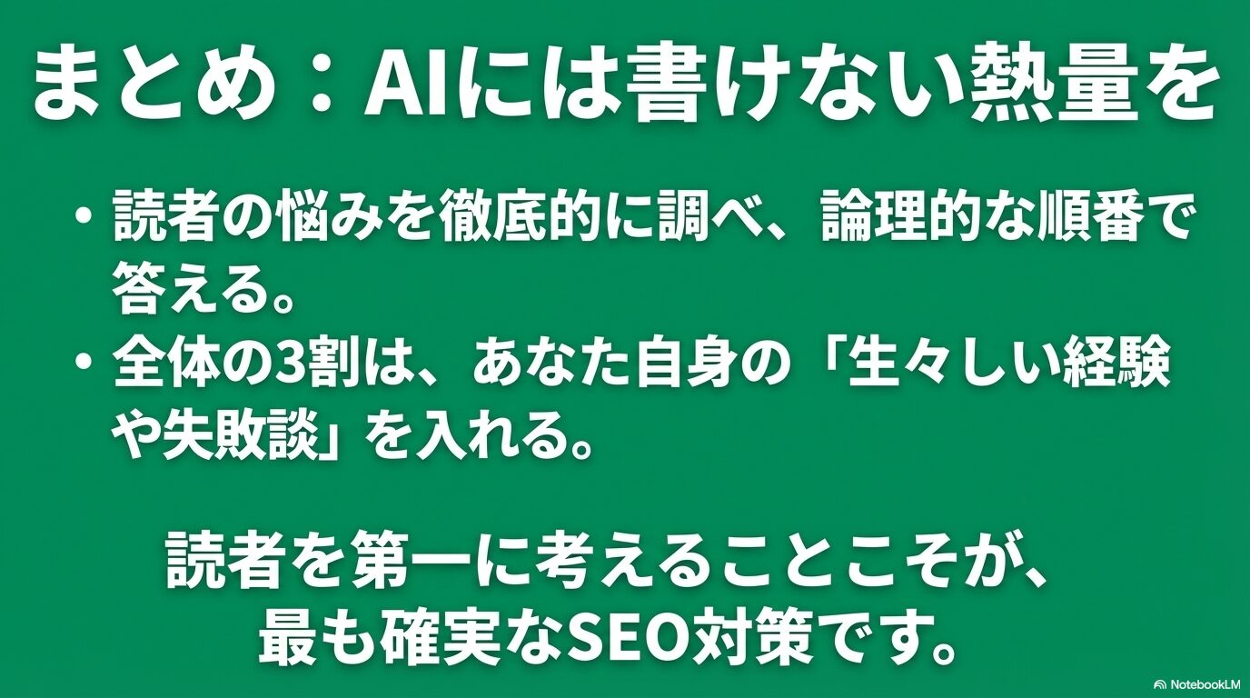 読者の悩みに論理的に答え、生々しい経験を全体の3割入れるなど、読者を第一に考えることこそが最も確実なSEO対策であるというまとめのスライド