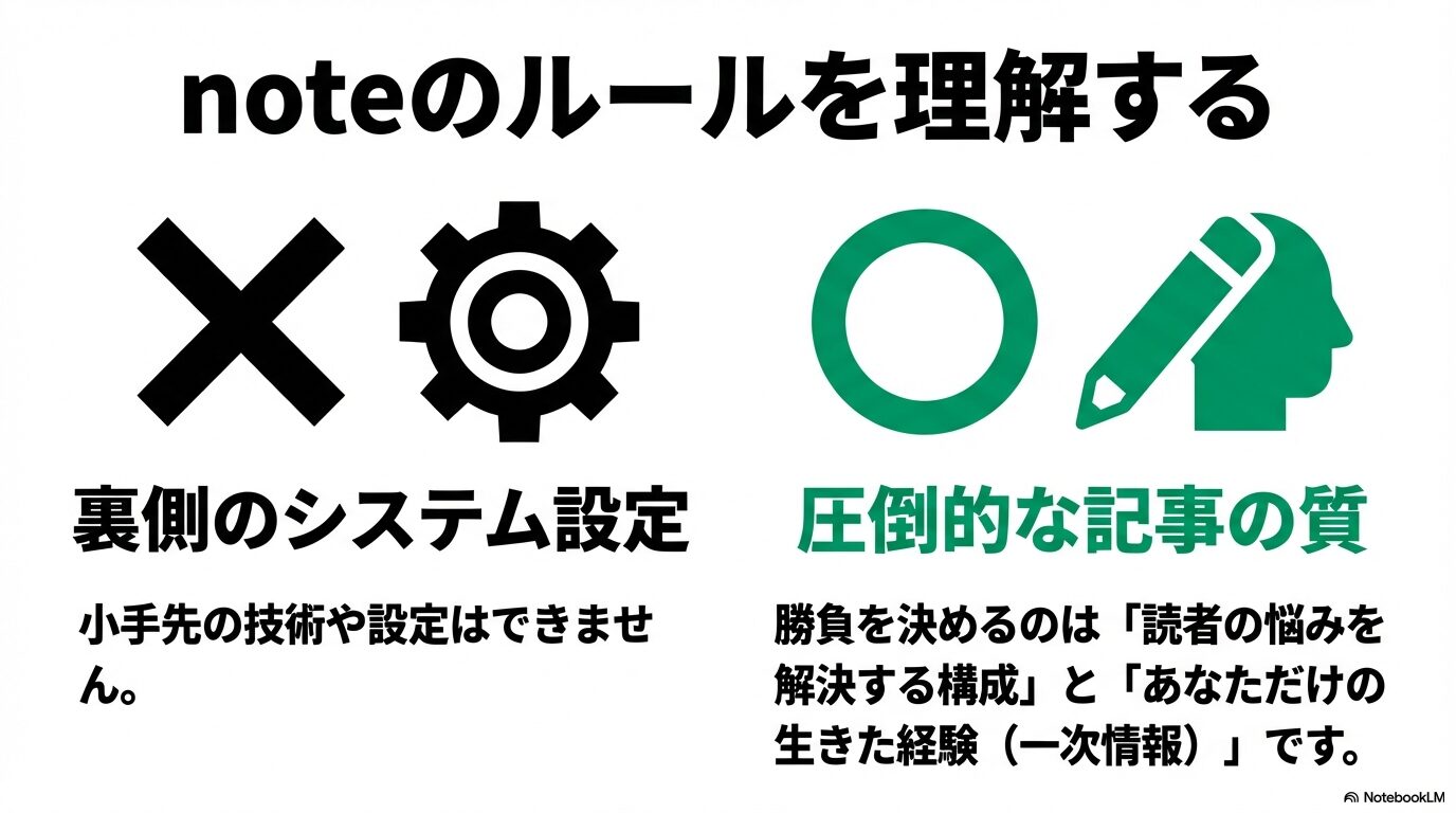 noteの裏側のシステム設定はできないため、読者の悩みを解決する構成と独自の経験といった圧倒的な記事の質で勝負することが重要であることを示す図解