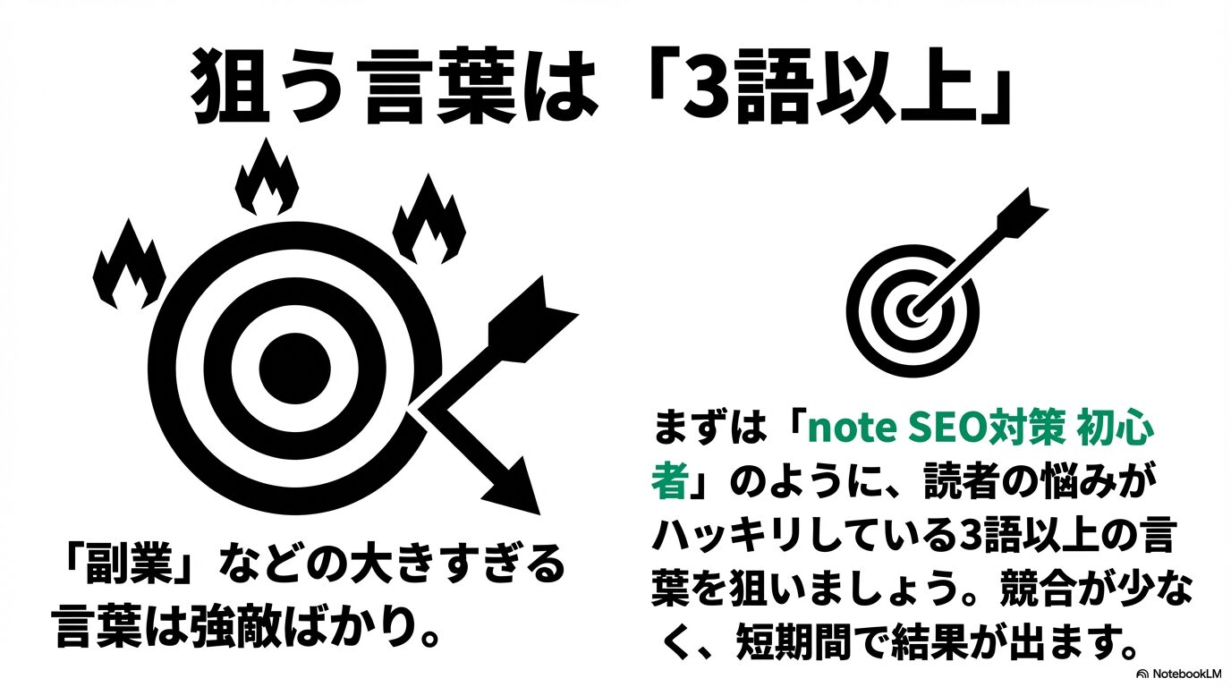 検索ボリュームの大きすぎる言葉は避け、読者の悩みがハッキリしている3語以上の言葉を狙うことで短期間で結果が出ることを示すターゲットの図