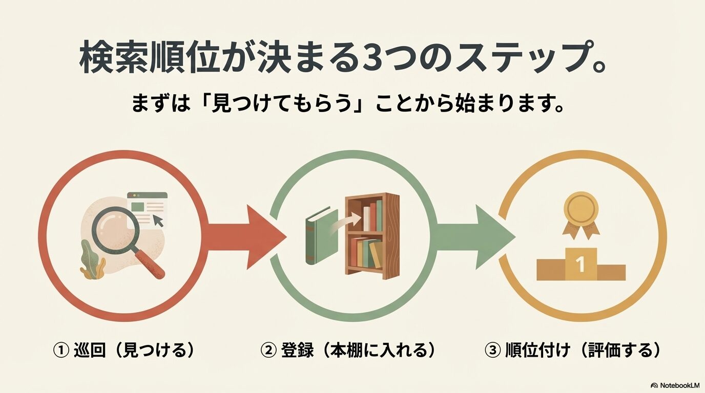 検索順位が決まる3つのステップ:1.巡回、2.登録、3.順位付け