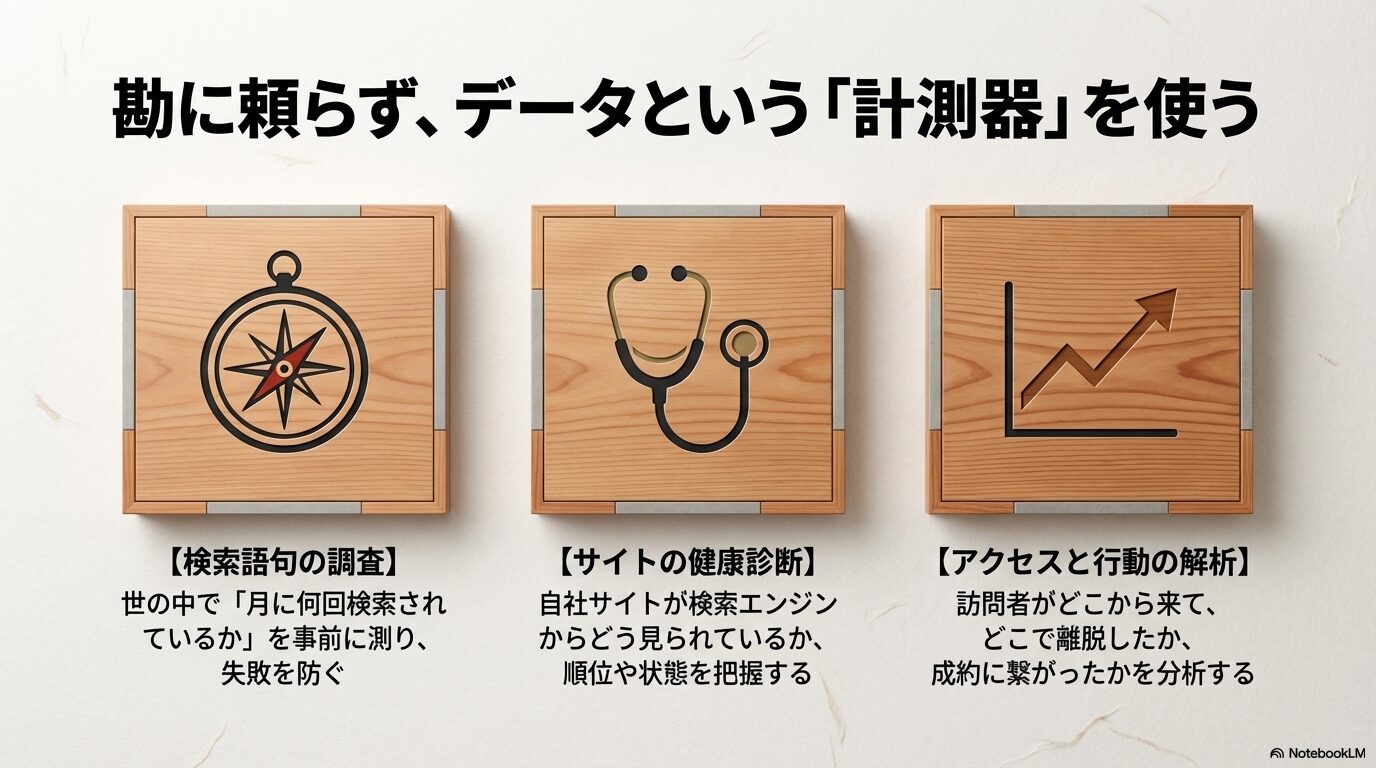 検索語句の調査、サイトの健康診断、アクセス解析などデータ計測の重要性を示すアイコン画像