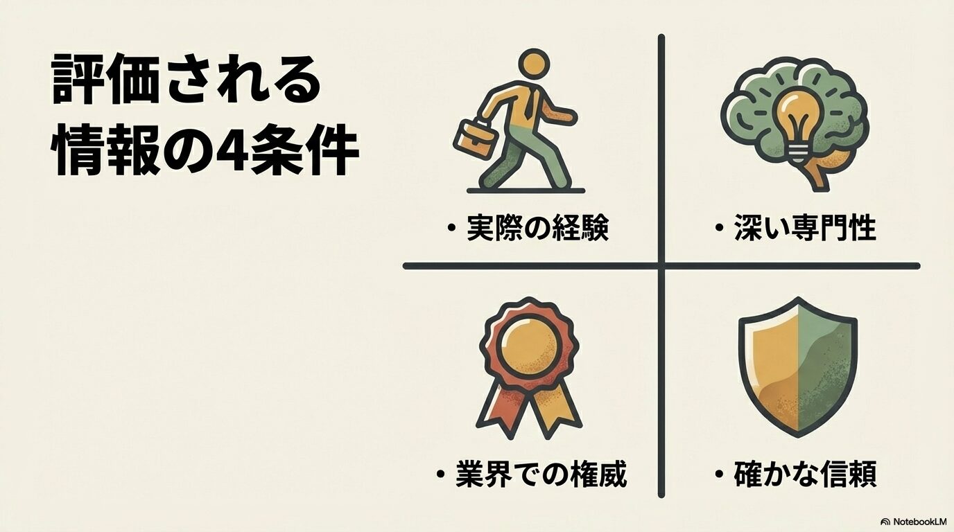 Googleに評価される情報の4条件(E-E-A-T):実際の経験、深い専門性、業界での権威、確かな信頼