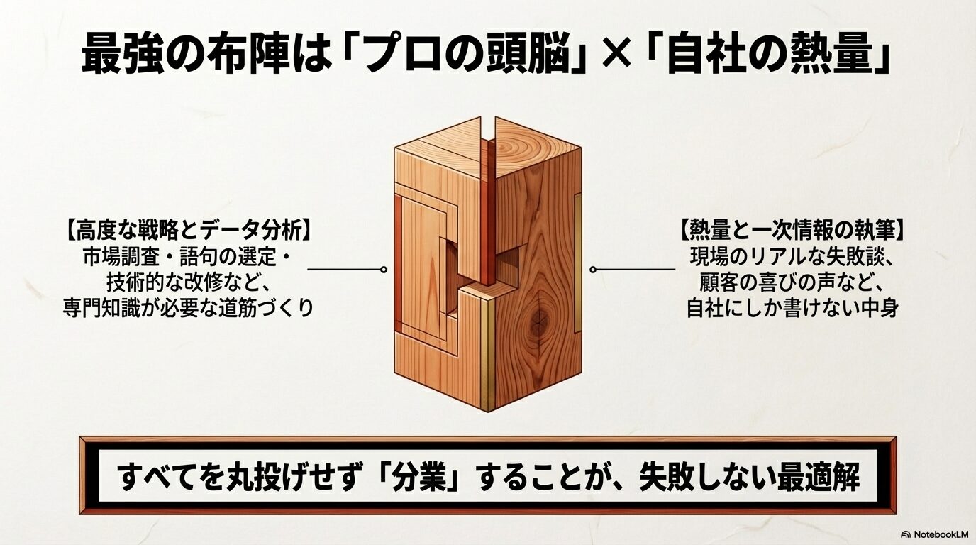 高度な戦略やデータ分析と、自社ならではの熱量ある一次情報の執筆を分業する最強の布陣のイメージ図