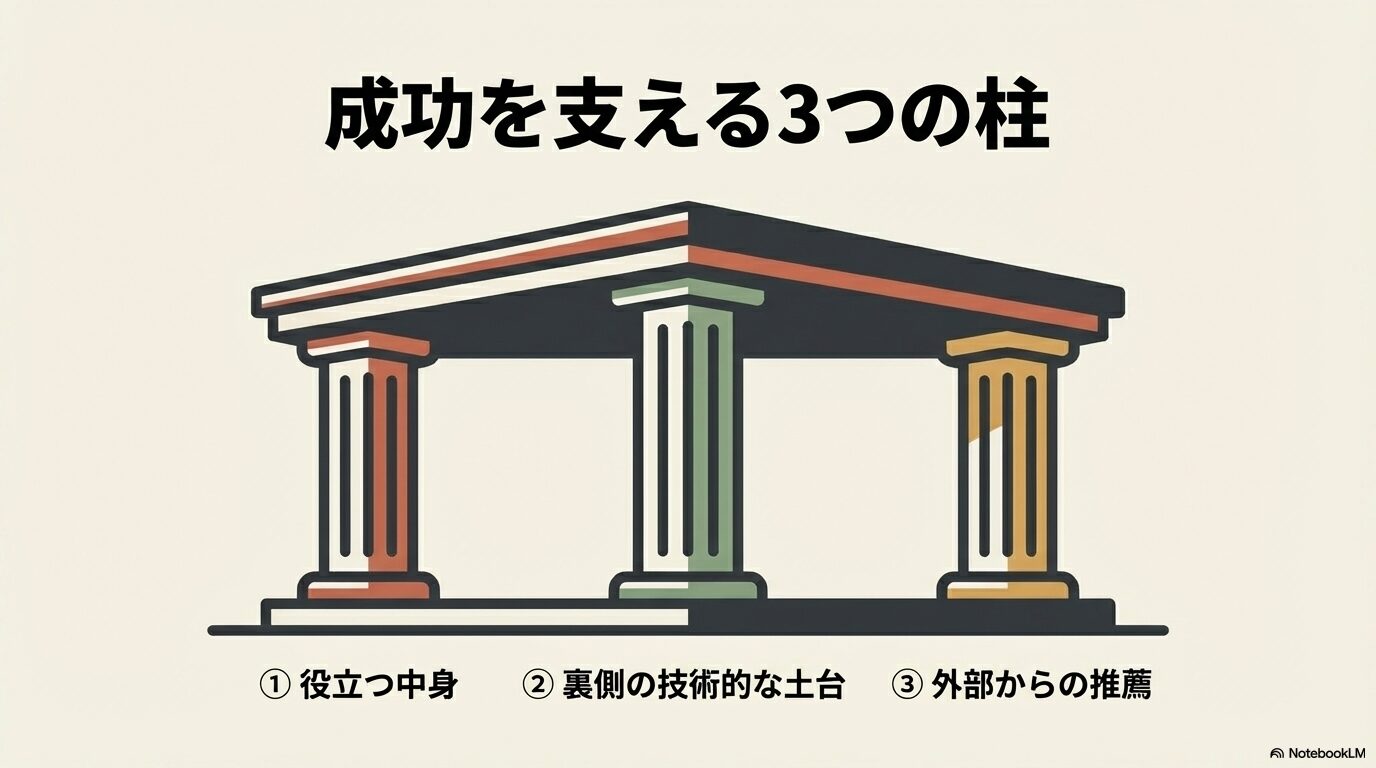SEO成功を支える3つの柱:役立つ中身、裏側の技術的な土台、外部からの推薦