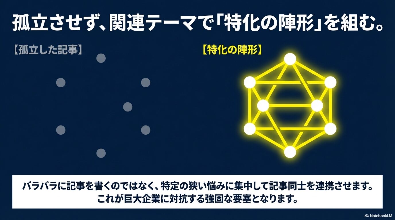 孤立した記事ではなく、特定の悩みに集中して記事同士を連携させる「特化の陣形」のイメージ図