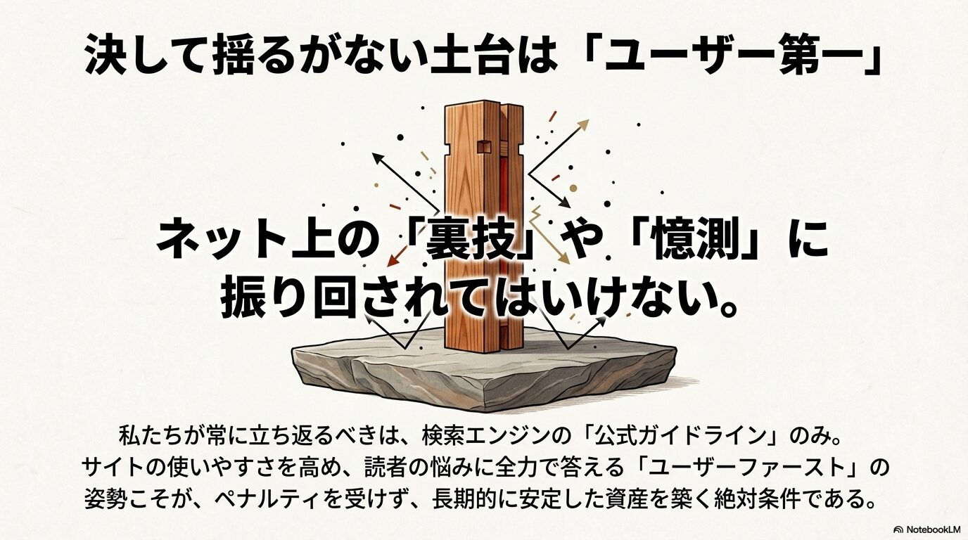 憶測に振り回されず検索エンジンの公式ガイドラインに立ち返るユーザーファーストの重要性を示したスライド