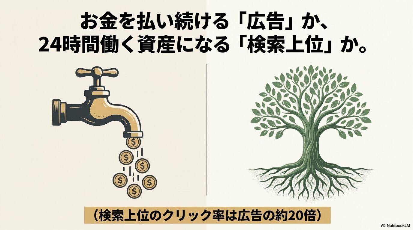 お金を払い続ける広告か、24時間働く資産になる検索上位か(クリック率は広告の約20倍)